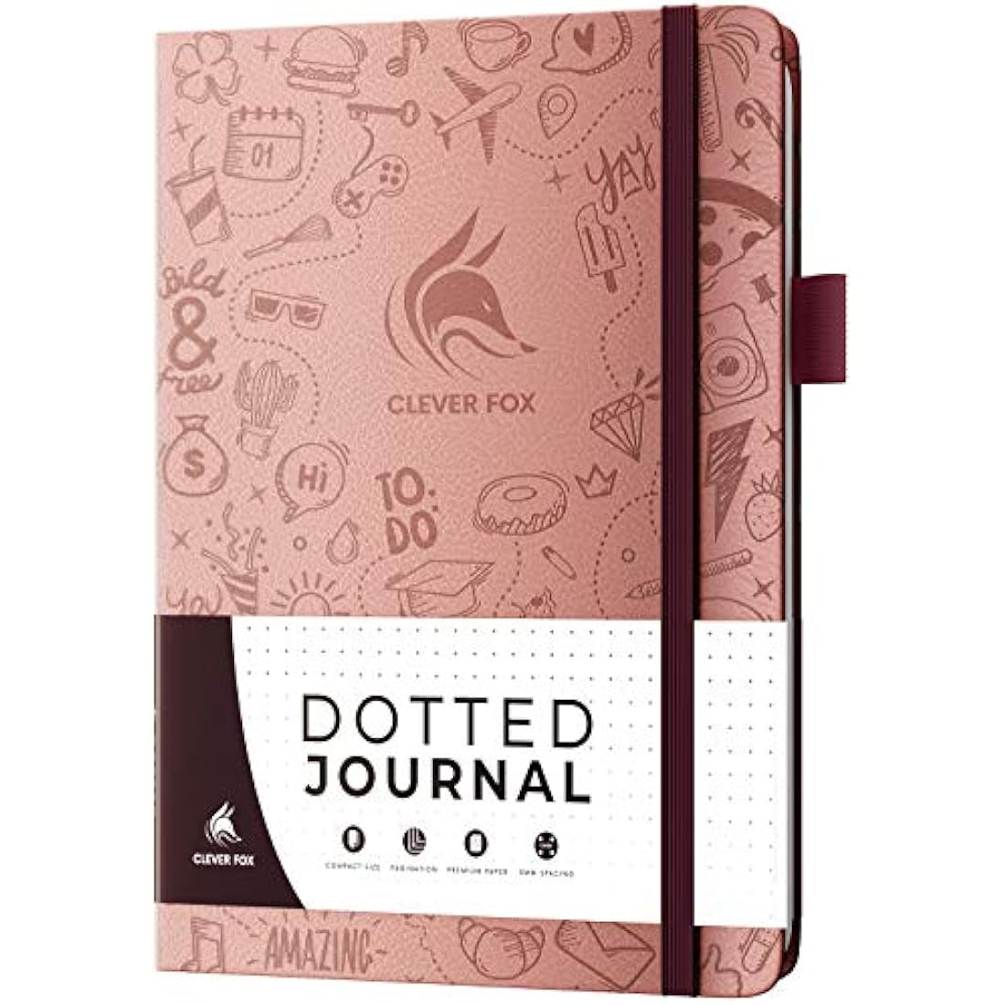 Clever Fox Dotted Journal 2.0 – Compact Planning and Sketching Dot Grid Notebook 120 GSM Thick, No-Bleed Paper – Planner with Pen Loop, Pocket, Ribbons, Stickers – A5 – Rose Gold