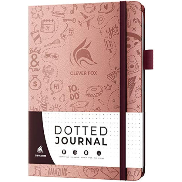 Clever Fox Dotted Journal 2.0 – Compact Planning and Sketching Dot Grid Notebook 120 GSM Thick, No-Bleed Paper – Planner with Pen Loop, Pocket, Ribbons, Stickers – A5 – Rose Gold