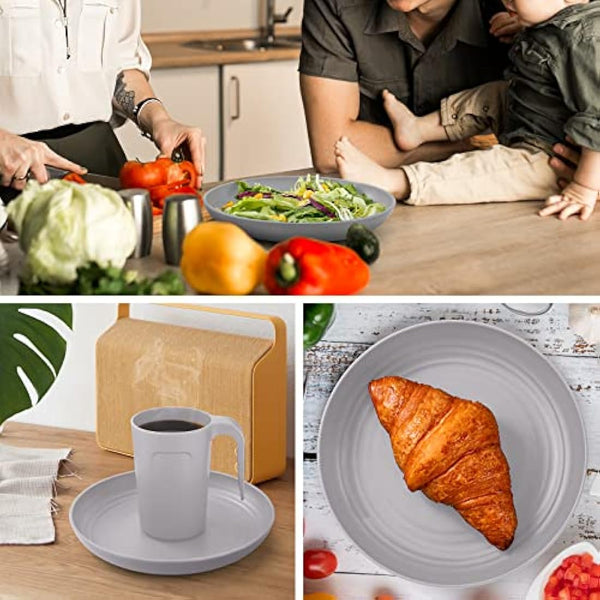 Odoland Lightweight Unbreakable Cutlery Sets for 4 People, Microwave and Dishwasher Safe Plates Bowls Mug Kit, Reusable Dinnerware with Cutlery, for Camping, Kitchen Gray