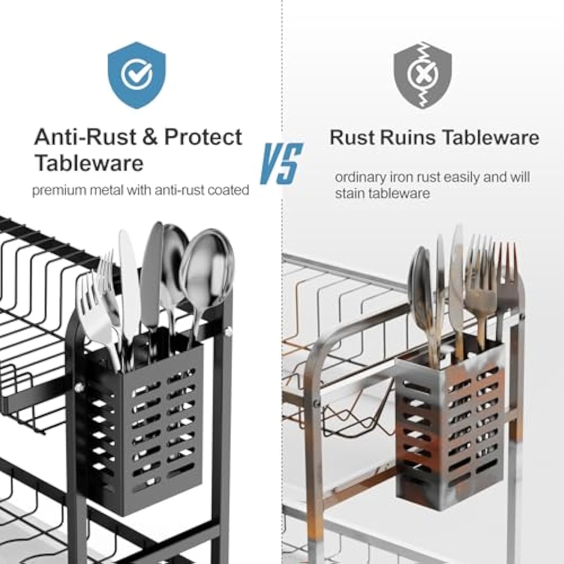 iSPECLE 2 Tier Dish Drainer Rack - Rustproof Dish Drying Rack with Automatic Drainage, Dish Rack with Drainboard and Cup Holder, Large Capacity Draining Board Rack for Kitchen Worktop, Black