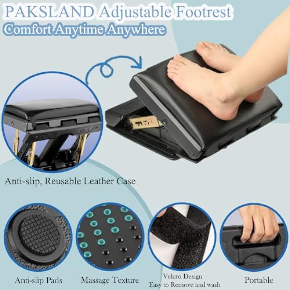 PAKSLAND Adjustable Footrest Under Desk - Multifunctional Foot Rest with Massage Function - Smooth Spongy Pad Office Foot Rest