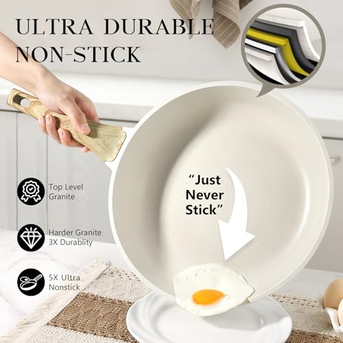GiPP Nonstick Frying Pan Skillet with Lid - 28cm White Granite Non Stick Pans, Omelette Pan with Heat-Resistant Handle, Compatible with All Stovetops,