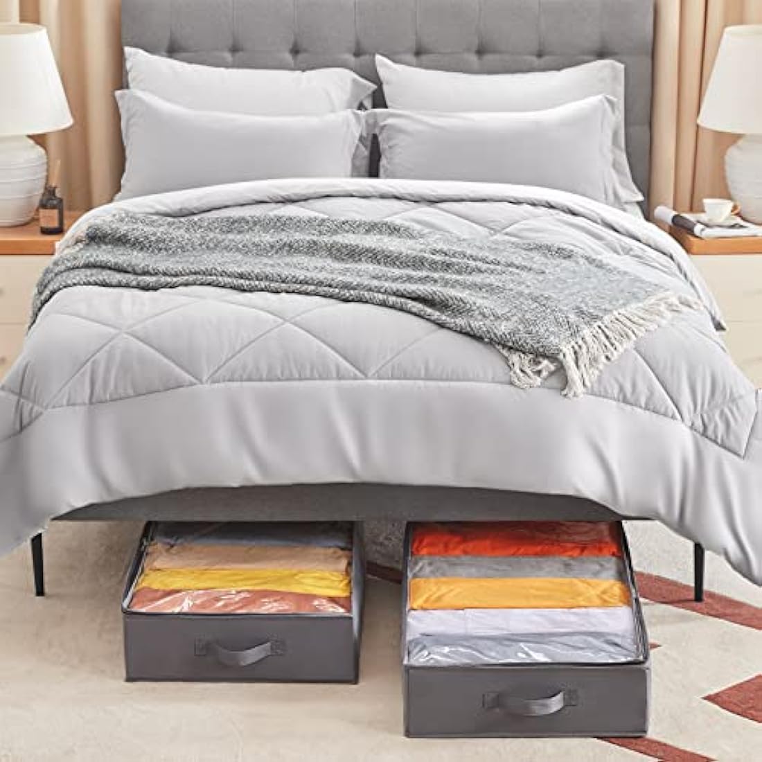 Lifewit 3 Pack UnderBed Storage Bags with Lid, Clothes Storage Boxes Foldable Under bed Storage Organizer with Reinforced Handle Thick Fabric Clear Window for Clothes Blankets Shoes, 65L, Grey