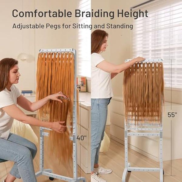 Adjustable Braiding Hair Rack 280 Pegs, 2-Sided Braid Rack for Hair Braiding, Height Adjustable Hair Separator Stand with Wheels, Pink Standing Braid Rack for Braiders Standing for Stylists