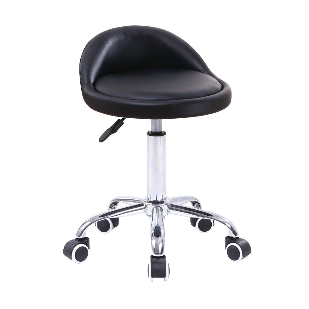KKTONER PU Leather Round Rolling Stool with Back Rest Height Adjustable Swivel Drafting Work SPA Task Chair with Wheels (Black)