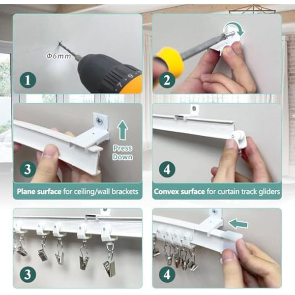 Bendable Ceiling Curtain Track for Bay Window, 20FT/6M Flexible Curved Curtain Rail Ceiling Wall Mount Heavy Duty Plastic Curtain Rails Track System for Bed Room Divider, White