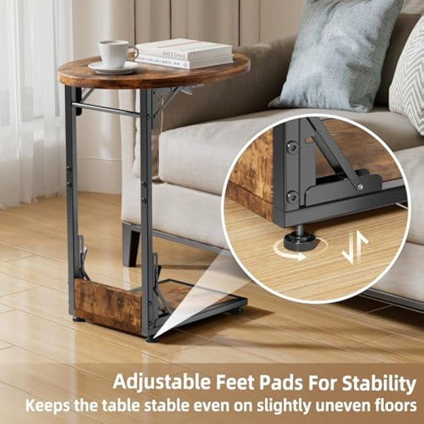 Mutool C Shaped Side Table, Foldable Round Sofa Table with Metal Frame, Small Coffee Table for Living Room Bedroom Office, Rustic Brown & Black