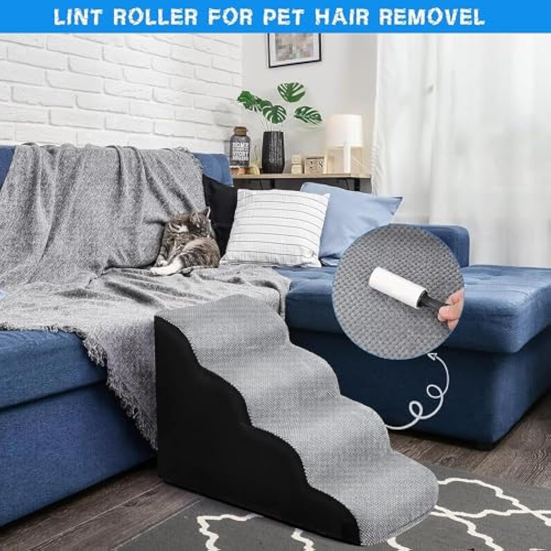 Wide Dog Steps Stairs for Bed 4 Steps 50 cm High for Dogs, Dog Ramp High Density Foam Pet Stairs Washable Cover and Non-Slip Base 40 x 70 x 50CM