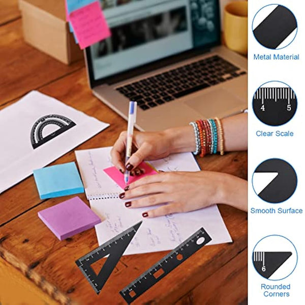 YAANBUNB 6 Pcs Geometry Set Aluminum Alloy Ruler Set Geometry Compass Set Math Ruler Geometry Tool Set Including Ruler, Protractor, Compass and Eraser for School Student Teacher Architects Engineers