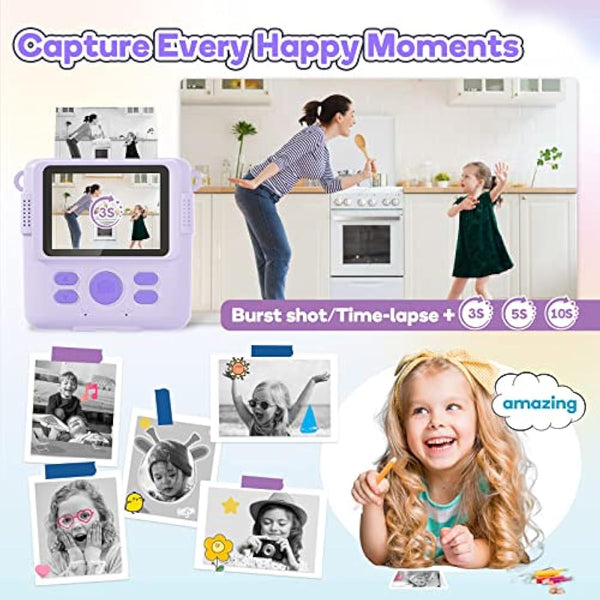 OPERHOO Kids Camera Girls Boys, Kids Instant Print Camera Toy 3-14 Year Old, 1080P HD Kids Digital Camera with Photo Paper Birthday Gifts 3 4 5 6 7 8 9+ Year Old Girl 6 Colour Pens 32GB SD Card
