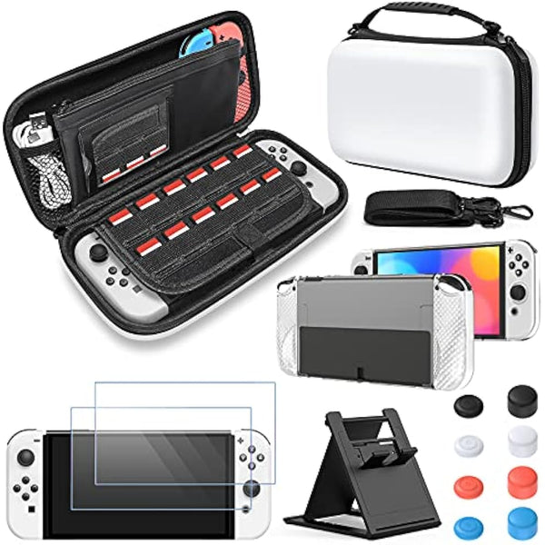 FYOUNG Carry Case for Nintendo Switch OLED Case and Cover Accessories Bundle, Travel Carrying Case Bundle with Switch OLED Protective Case, Screen Protector, Thumb Grip Covers Accessories Kit - White
