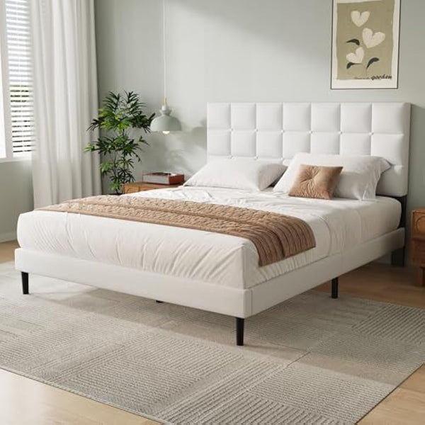 Yocreat Super King Bed Frame, Easy Assembly, Sturdy Wooden Slat Support, Upholstered Platform with Headboard, No Box Spring Needed, White Super King Bed 180×200