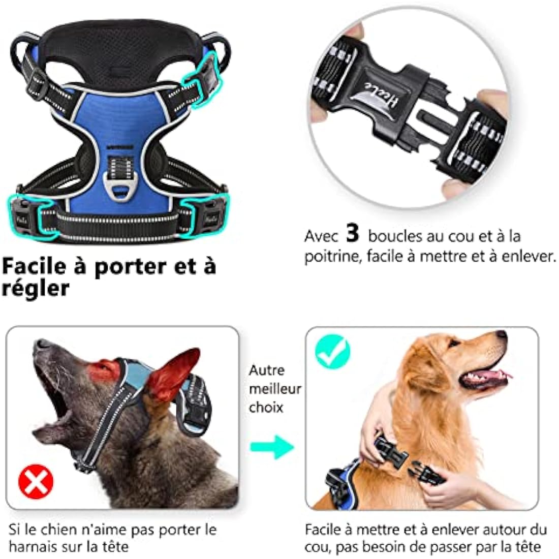 HEELE No Pull Dog Harness - Ex-Large, Release on Neck, Reflective, Adjustable with Front & Back Leash Attachments & Soft Padded Control Handle - Blue, XL