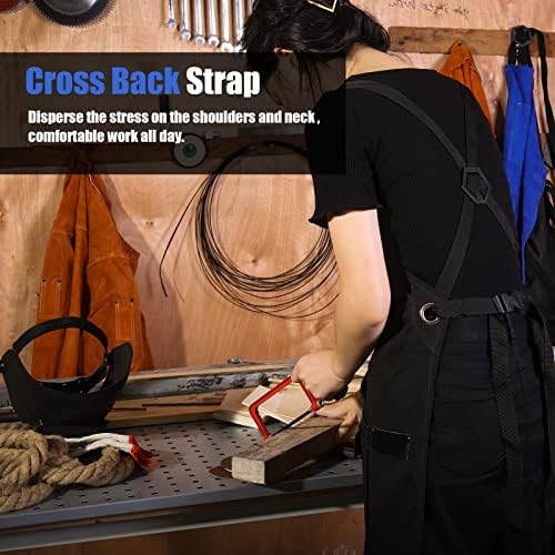 QeeLink Work Apron with 10 Tool Pockets, Woodworking Fireproof Canvas Apron for Carpenter, Adjustable M to XXXL Cross back Tools Apron, Black