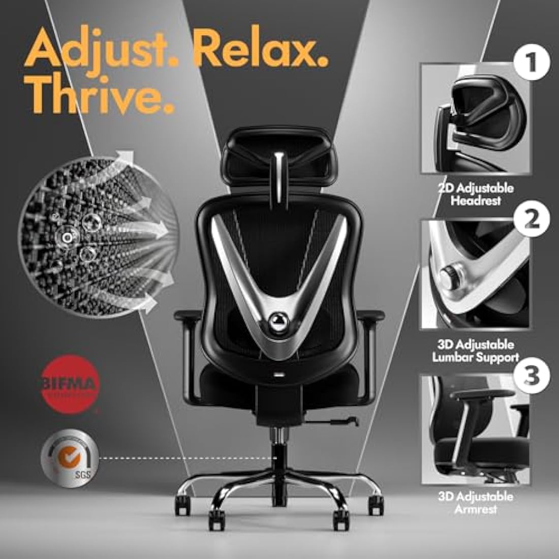 HOLLUDLE Ergonomic Office Chair with 3D Lumbar Support & 3D Adjustable Armrests – V-Back Design, Comfortable Desk Chair for Office & Home, Black