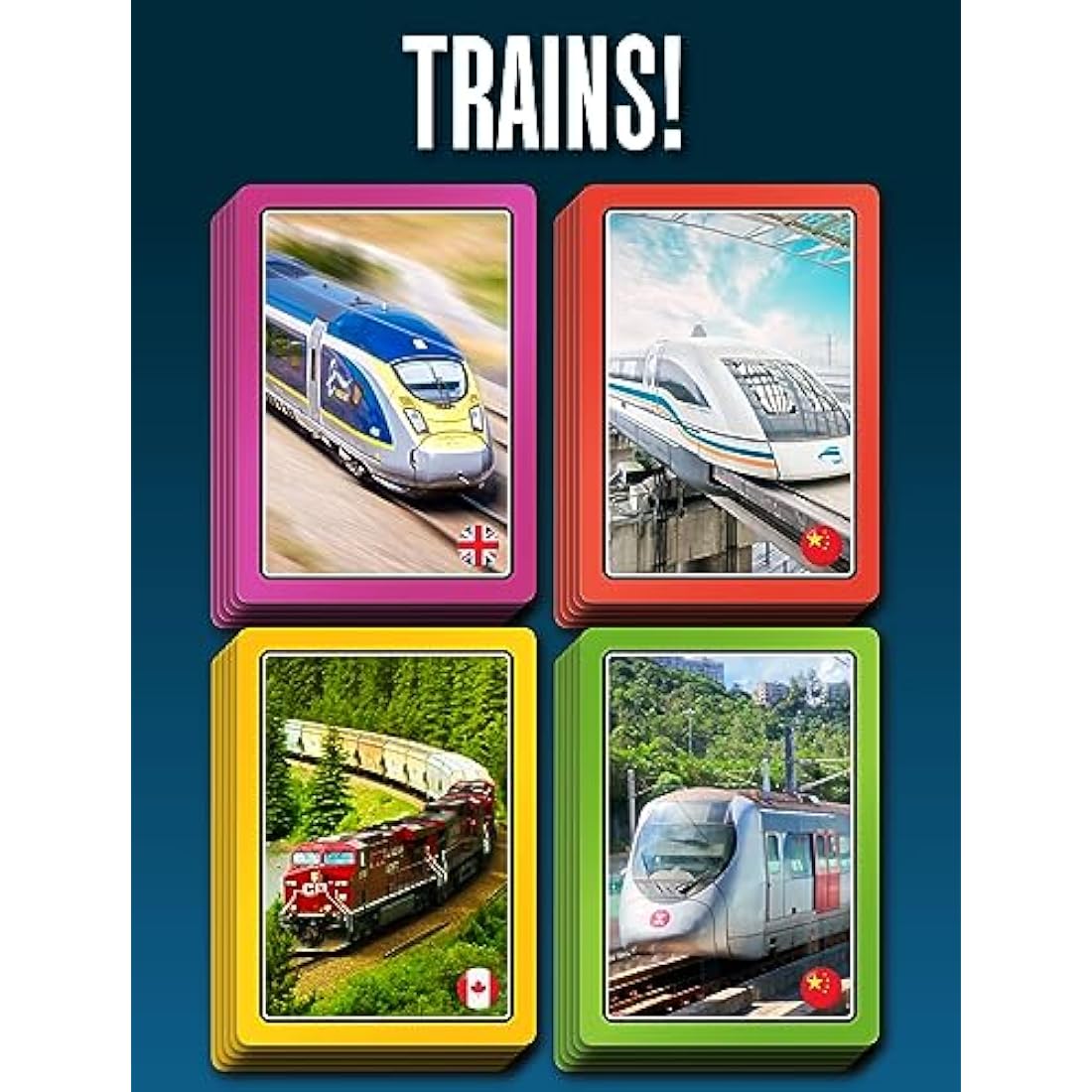 SMART CARDS Trains, Gift, Stocking Filler, Travel Card Game, 7 games in 1, Pairs, Snap, Trumps, Rummy, Memory Quiz, Trivia, Age 5+, 1-8 Players