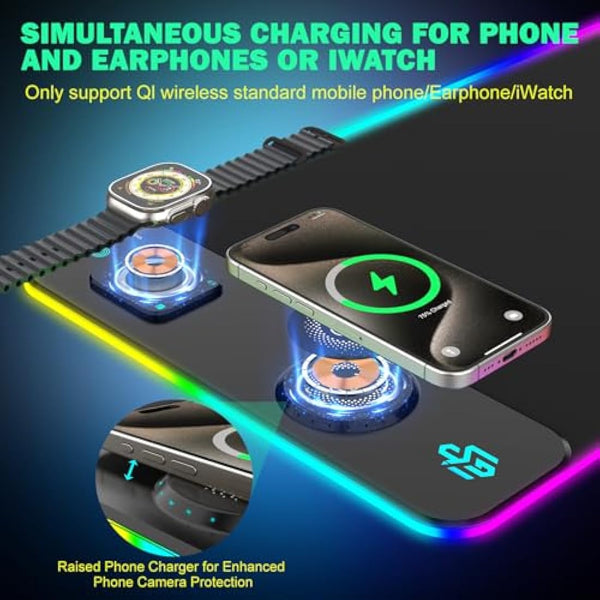 GIM Wireless Charging RGB Gaming Mouse Pad 15W, LED Mouse Mat 800x300x4MM, 10 Light Modes Extra Large Mousepad Non-Slip Rubber Base Computer Keyboard Mat for Gaming (Double Magnetic-Black)