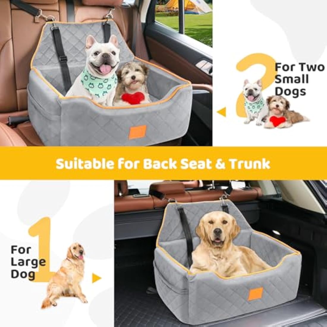 GL GLENSLAVE Dog Car Seat for Large/Medium Dogs, Dog Booster Seat for Pet Under 55Lbs or 2 Small, Detachable and Washable Travel Pet Bed with Thick Cushion and Storage Pockets (Grey)