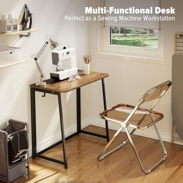 WOHOMO Folding Computer Desk,Small Writing Desk 80cm,Space-Saving Foldable Laptop Table Writing Workstation for Home Office,Easy Assembly,Rustic Walnut