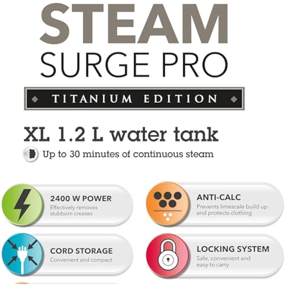 Beldray BEL01137TT Titanium Steam Surge Pro Iron – Steam Station with XL 1.2L Water Tank, Steam Iron with Ceramic Soleplate, Variable Temperature Control, Locking System, Anti-Calc Function, 2400 W