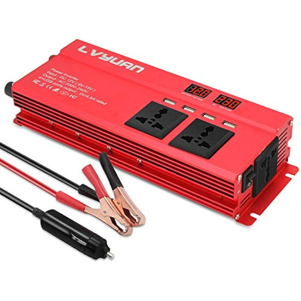 Cantonape Power Inverter 1000W/2000W (peak) DC 12V to AC 230V 240V Converter with 4 USB Interfaces 3 Universal sockets Cigarette Lighter Adapter in Car Crocodile Clip