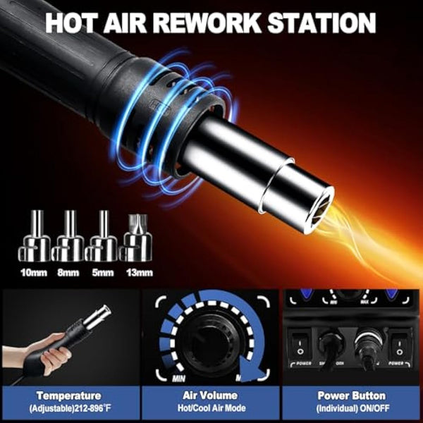 Yofuly 750W Soldering Iron Station, 2 in 1 Hot Air Gun Rework Station Cold/Hot Air Conversion 100~480°C/212~896℉ Adjustable Digital Temperature Solder Station 8786D SMD Soldering & Desoldering Kit