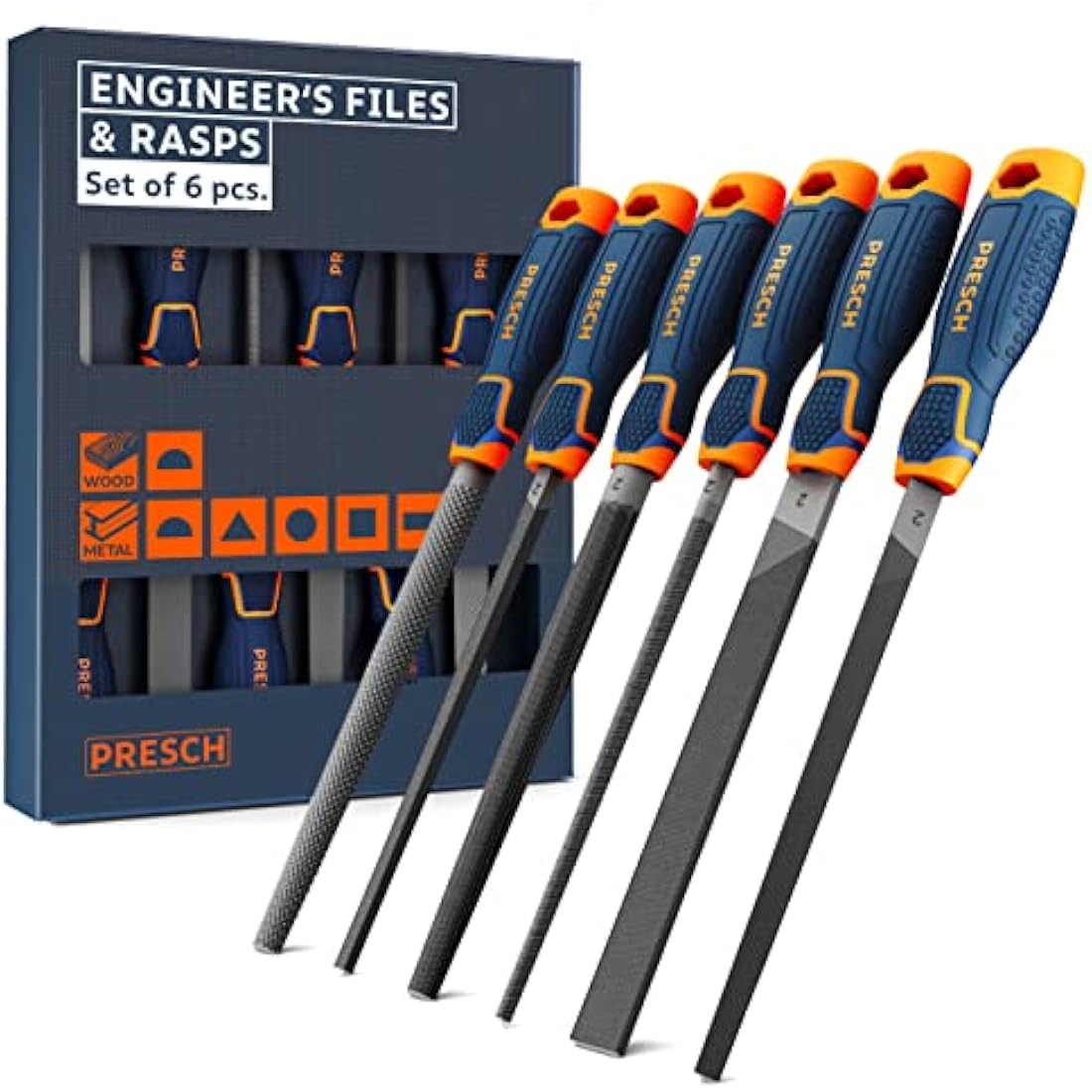 Presch File Set Metal and Wood 6 pcs. - Professional File Set incl. Half-Round rasp, Flat Stump File, Half-Round File, Round File, Triangular File and Square File