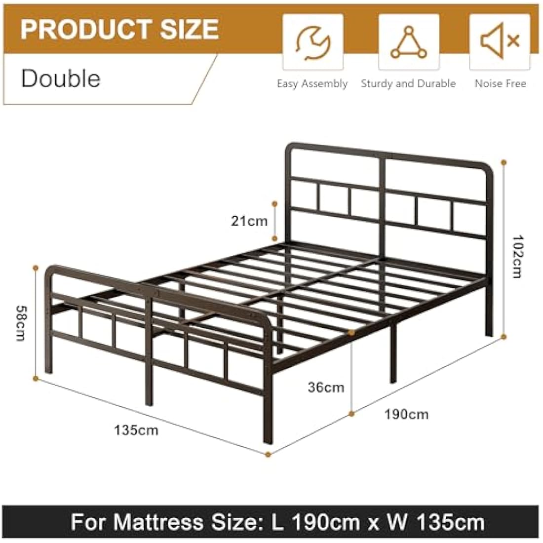 Yicensen Double Bed Frame with Curved Headboard and Footboard 135x190 cm, Black Double Platform Bed with Heavy Metal Slats for Stable Support, No Box Spring Needed, Noise Free, Easy Assembly