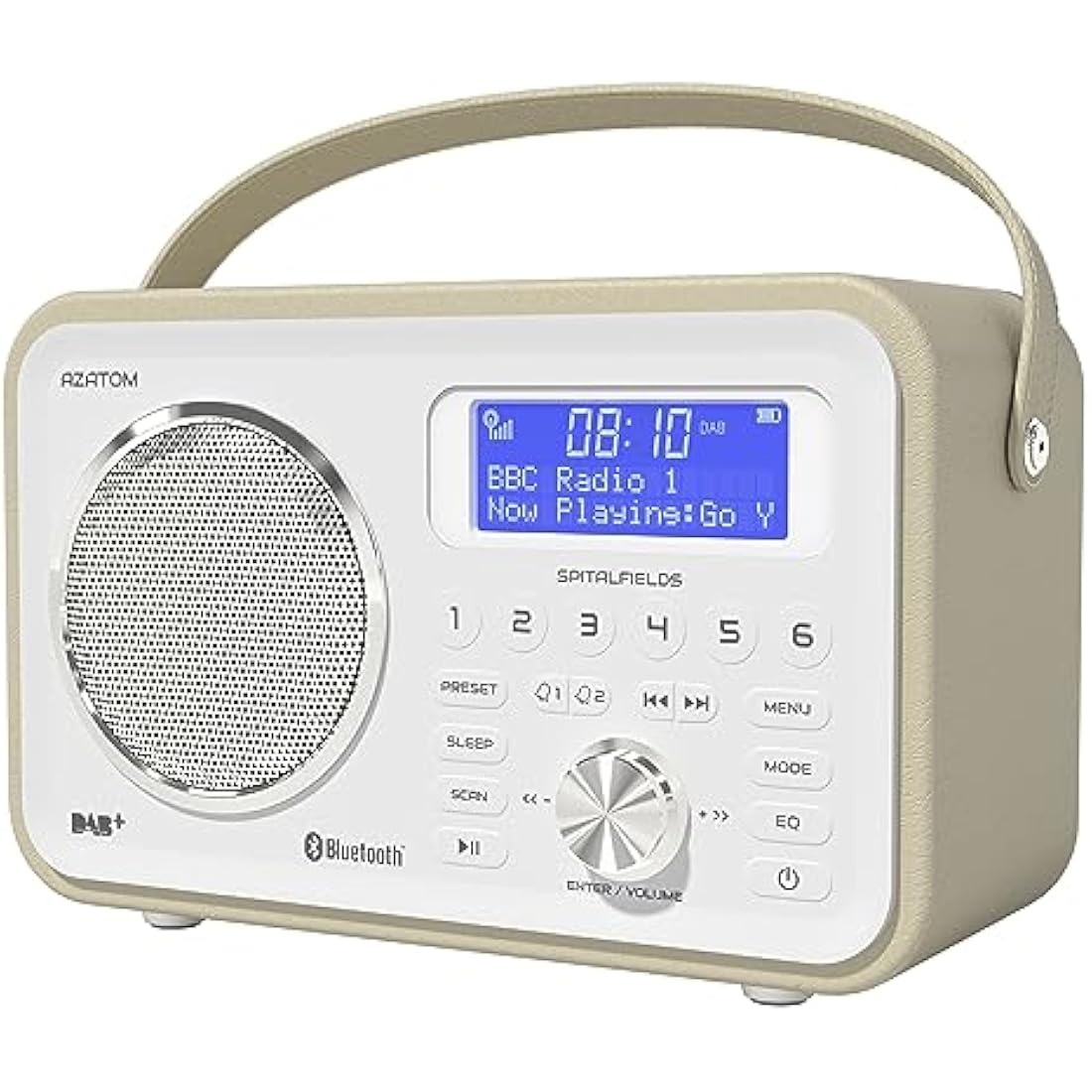 DAB/DAB+ & FM Portable Digital Radio | Leather Design | Bluetooth | Rechargeable Battery | Dual Alarms & Sleep Timer | Perfect for Home, Office or Outdoors | AZATOM Spitalfields 2 (White)