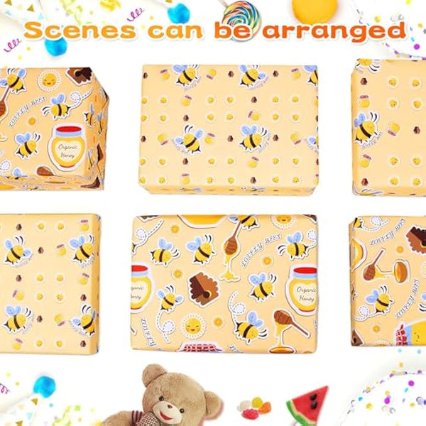 Wrapping Paper Bee Birthday Wrapping Paper Recycled & Recyclable Gift Wrap Birthday Paper ECO Gift Wrapping Paper Sheets for Girls Women Female,Present Wrapping Paper Set,Tag Ribbion