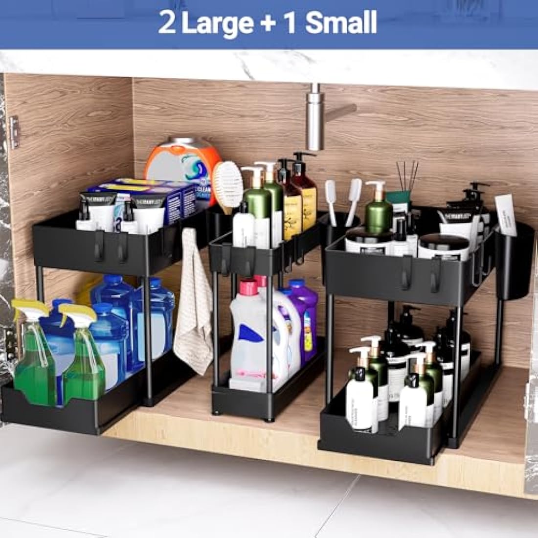 Puricon 3 Pack Under Sink Storage Kitchen Organiser, Pull Out Under Sink Organiser Kitchen, 2 Tier Sliding Under Sink Storage Drawer Under Sink Shelf -Black