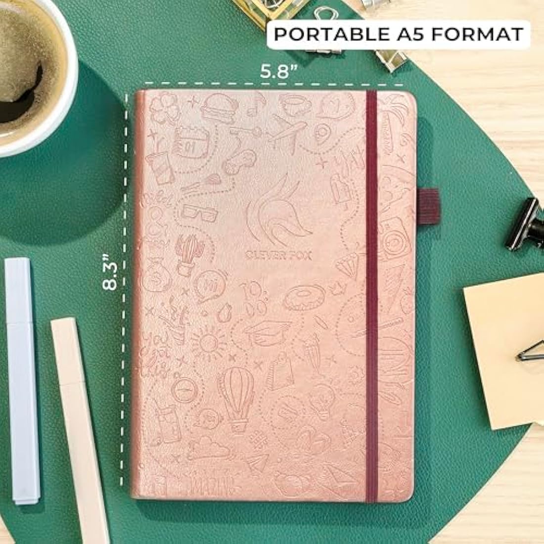 Clever Fox Dotted Journal 2.0 – Compact Planning and Sketching Dot Grid Notebook 120 GSM Thick, No-Bleed Paper – Planner with Pen Loop, Pocket, Ribbons, Stickers – A5 – Rose Gold