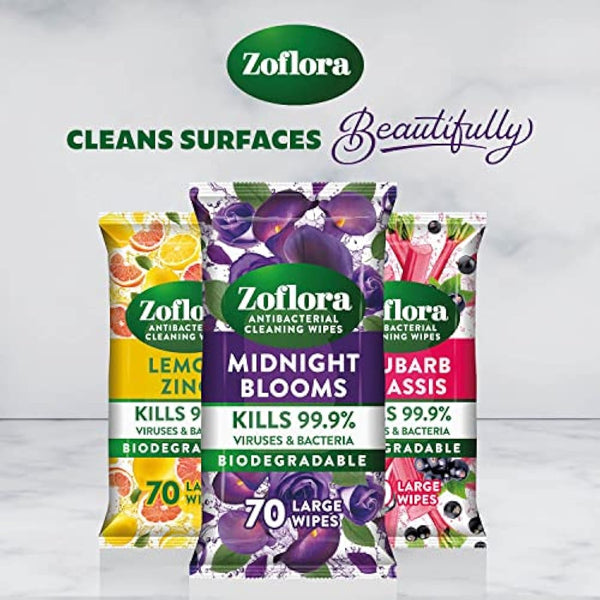 Zoflora Lemon Zing Large Biodegradeable Wipes, Antibacterial Cleaning, 6 x 70 Wipes Pack, Multi-Surface Disinfectant, Removes Odours & Kills 99.9% of Bacteria & Viruses
