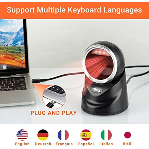 Tera Pro 2D QR Desktop Barcode Scanner Omnidirectional Adjustable Scan Head, USB Wired Handsfree Platform Automatic Bar Code Reader for Market Retail Store Phone Screen Payment, 9100