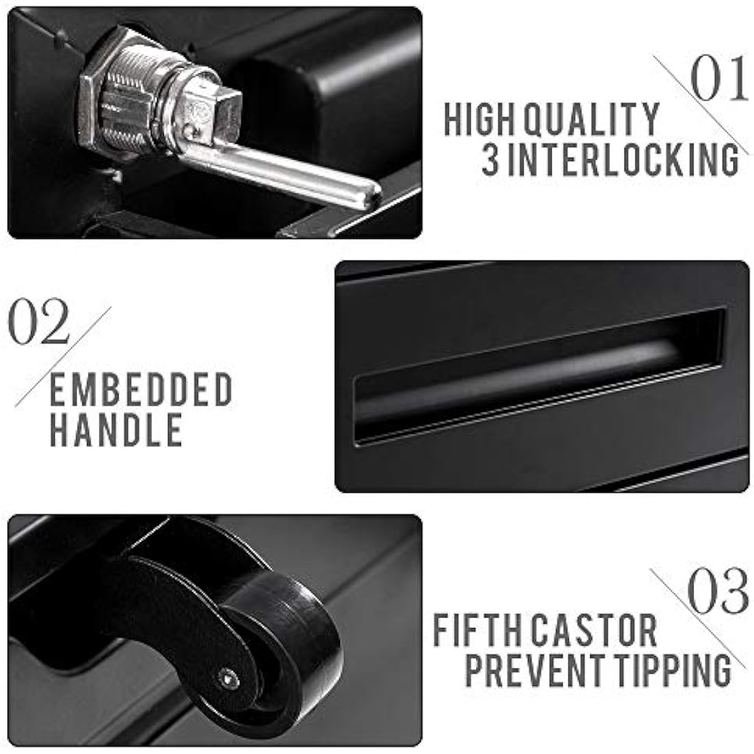 3 Drawer Mobile File Cabinet Filing Pedestal with Keys, Fully Assembled Except Casters,Metal Solid-Black