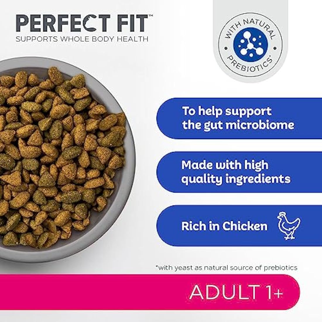 Perfect Fit Adult 1+ Complete Dry Cat Food for Adult Cats Aged 1+ Years, Rich in Chicken, 3 Bags (2.8 kg)