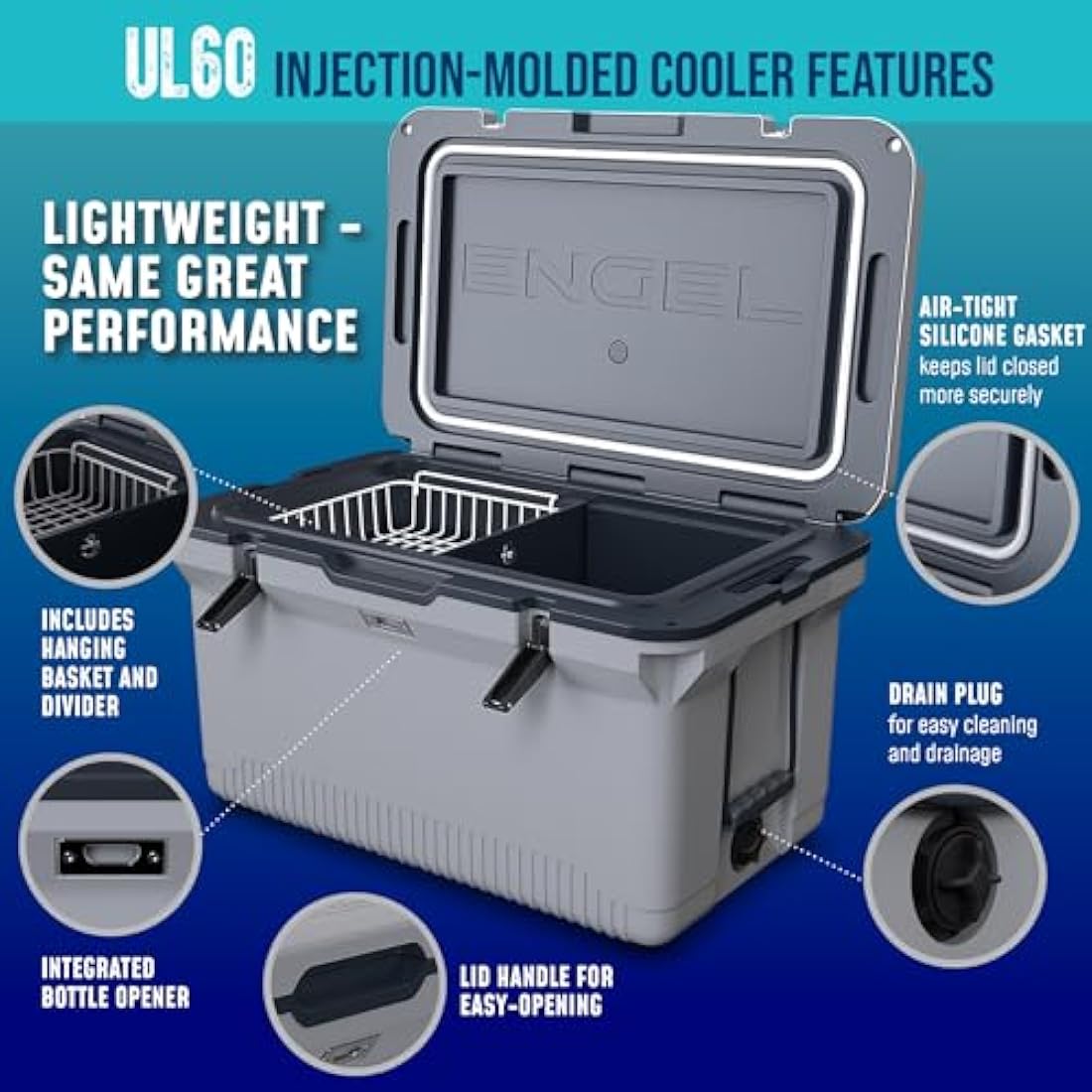 ENGEL Ultra-Light 56.8 L Cooler Box - Injection Molded Cool Box Large Enough for 80 Cans, Keeps Ice up to 7 Days, Camping Cooler Suitable for Picnics, Festivals, Beach & Travel, 75 x 45.7 x 43.2 CM
