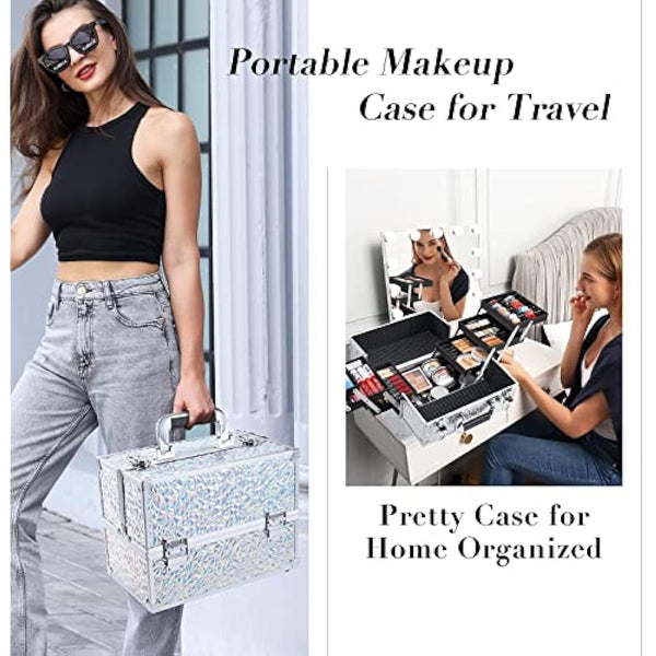 Frenessa 6 Trays Makeup Box Cosmetics Case Jewelry Organiser Vanity Make Up Storage Box Beauty Train Case Lockable with Keys, Silver