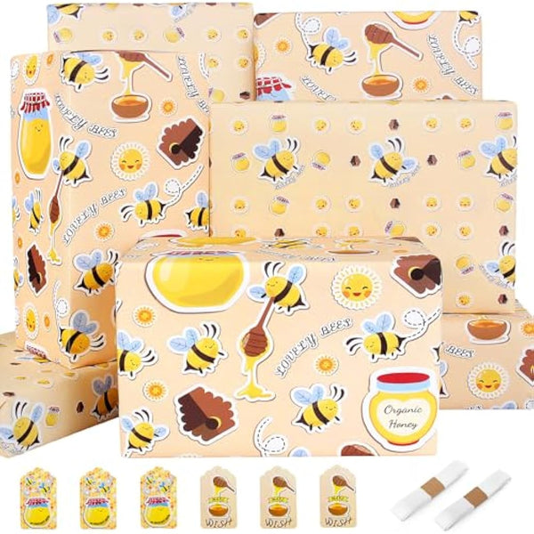Wrapping Paper Bee Birthday Wrapping Paper Recycled & Recyclable Gift Wrap Birthday Paper ECO Gift Wrapping Paper Sheets for Girls Women Female,Present Wrapping Paper Set,Tag Ribbion