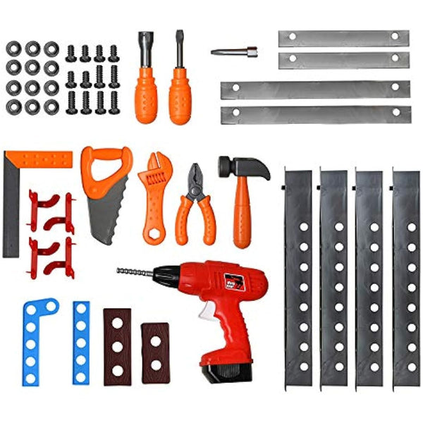 Playkidiz Construction Workbench - Kids Tool Set - Portable Toolbox Toy Playset - Kids Tool Bench Includes Working Electric Power Drill, Travel Carry Case & 45+ Tools & Accessories - Ages 3+
