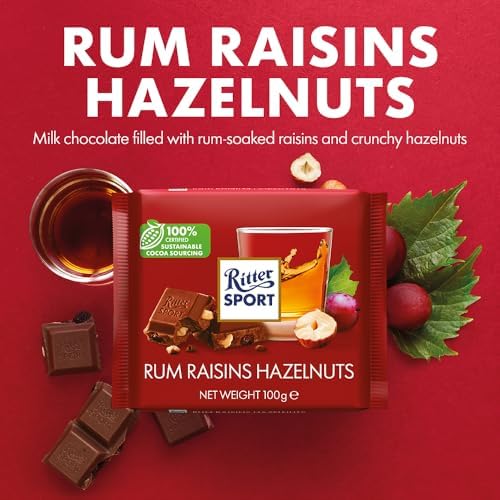 Ritter Sport Rum Raisins and Hazelnuts Chocolate Bar, 100g, Case of 12, Chocolate Sharing Bar