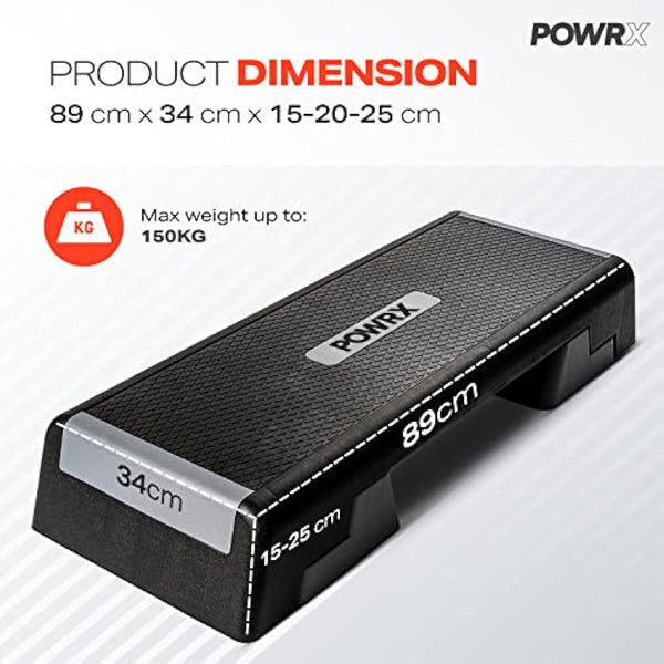POWRX Professional Aerobic Step Board with Workout I Fitness Stepper Step Bench Height Adjustable I Dimensions: 89 x 34 cm I Height Adjustable up to 25 cm