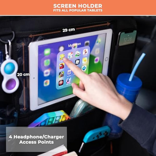 Huckaboo Car Seat Organiser - Kids Back Seat Organiser, Storage Pockets, Screen Holder, Black, 1 Pack