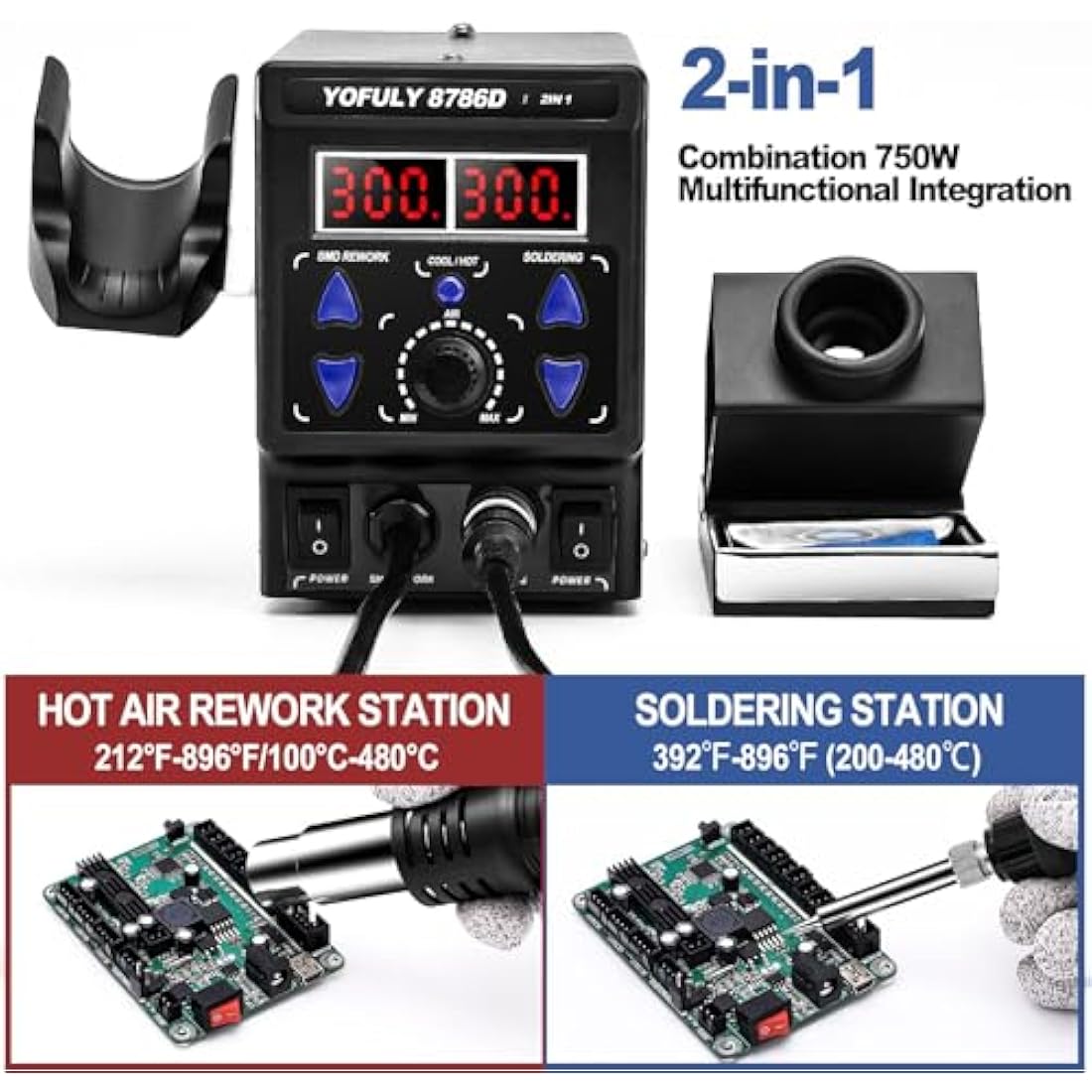 Yofuly 750W Soldering Iron Station, 2 in 1 Hot Air Gun Rework Station Cold/Hot Air Conversion 100~480°C/212~896℉ Adjustable Digital Temperature Solder Station 8786D SMD Soldering & Desoldering Kit