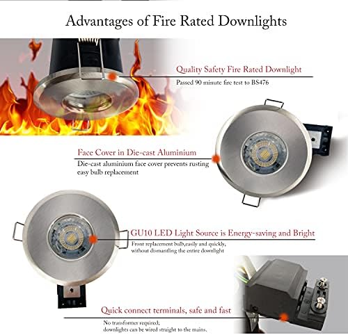 4XSweier 90 Minute Fire Rated LED Spotlights,5W 3000K Warm White IP65 Waterproof Bathroom LED Recessed Ceiling Lights,230V GU10 Downlight,Cut-Out 75mm. Satin Nickel(Non-dimmable)