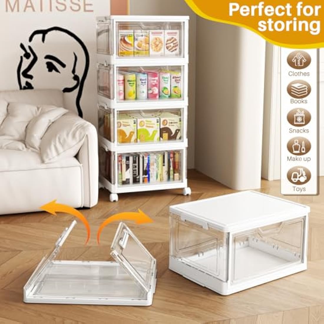 TidyTrove Storage Boxes with Lid - 23L*4 Plastic Storage Box with Front Door, 4 Tier Stackable Boxes, Plastic Drawers, Large Storage Box with Lid for Kitchen Storage & Organisation