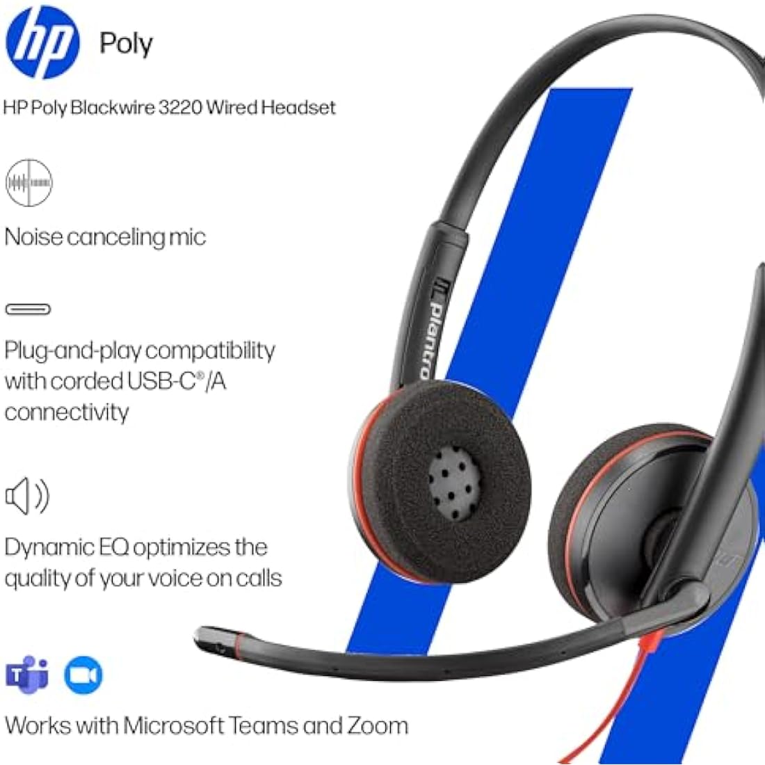 Poly Blackwire 3220 Wired Headset - Noise-Canceling Mic – Stereo Design - Connect to PC/Mac via USB-C or USB-A - Works w/Teams, Zoom
