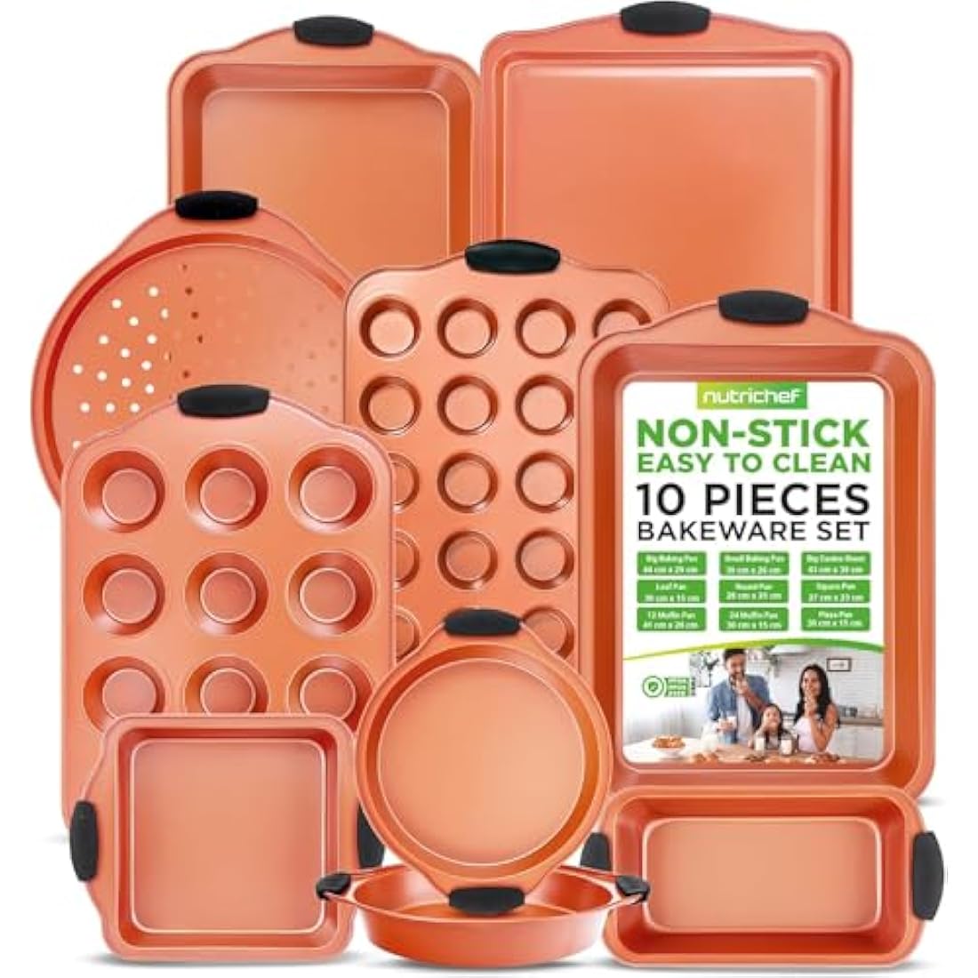NutriChef 10-Piece Non-Stick Baking Pans Set - Premium Nonstick Carbon Steel Oven Bakeware - Includes Cookie Sheets, Muffin & Cake Pans, Pizza Crisper, Roasting Pans, w/Silicone Handles - Copper