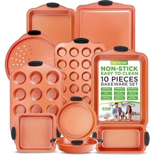 NutriChef 10-Piece Non-Stick Baking Pans Set - Premium Nonstick Carbon Steel Oven Bakeware - Includes Cookie Sheets, Muffin & Cake Pans, Pizza Crisper, Roasting Pans, w/Silicone Handles - Copper