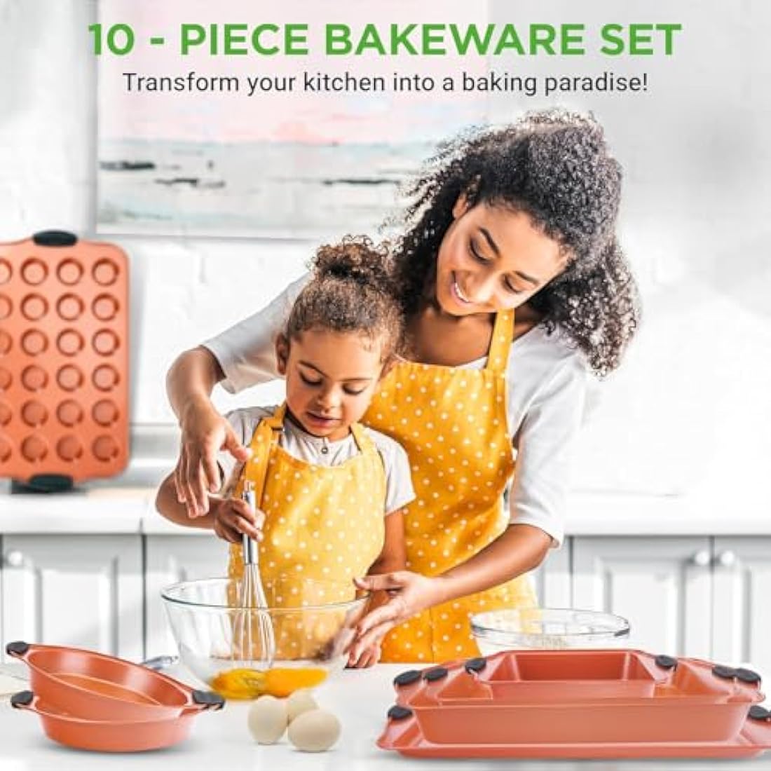 NutriChef 10-Piece Non-Stick Baking Pans Set - Premium Nonstick Carbon Steel Oven Bakeware - Includes Cookie Sheets, Muffin & Cake Pans, Pizza Crisper, Roasting Pans, w/Silicone Handles - Copper